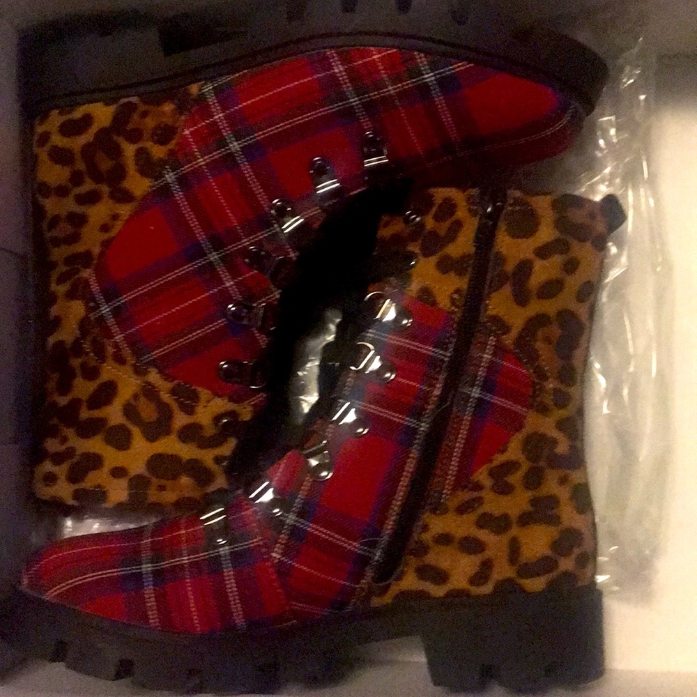 Multi-color boots red plaid with leopard print.